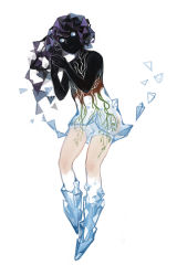 Rule 34 | 1girl, bare shoulders, blue eyes, closed mouth, crystal, fingers together, floating, floating object, geometric solid, ice, looking at viewer, neetiska, original, plant, roots, short hair, surreal, two-tone dress, white background, winter