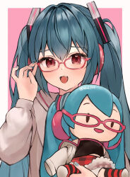 Rule 34 | 1girl, :d, absurdres, adjusting eyewear, alternate costume, blush, commentary request, eyelashes, facing viewer, fang, furrowed brow, glasses, green hair, green nails, grey hoodie, hair between eyes, half updo, hand up, hatsune miku, headphones, highres, holding, holding stuffed toy, hood, hoodie, long hair, long sleeves, looking at viewer, miku day, nail polish, open mouth, pink-framed eyewear, pink background, red eyes, sidelocks, simple background, smile, solo, stuffed toy, tananuki, twintails, twitter username, upper body, very long hair, vocaloid