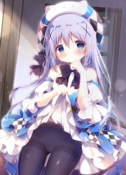 Rule 34 | 1girl, bare shoulders, black bow, black pantyhose, blue dress, blue eyes, blue hair, blush, bow, character hat, closed mouth, clothes lift, commentary request, detached sleeves, dress, dress lift, gochuumon wa usagi desu ka?, hair between eyes, hair ornament, hat, head tilt, juliet sleeves, kafuu chino, lifted by self, long hair, long sleeves, looking at viewer, pantyhose, puffy sleeves, shiratama (shiratamaco), sidelocks, signature, solo, striped clothes, striped pantyhose, thighband pantyhose, tippy (gochiusa), vertical-striped clothes, vertical-striped pantyhose, very long hair, wide sleeves, x hair ornament