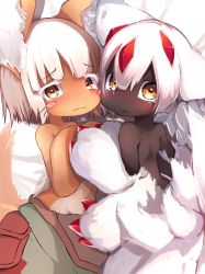 Rule 34 | 1girl, 1other, animal ears, back, black skin, blush, blush stickers, body fur, colored skin, dark skin, extra arms, faputa, furry, highres, made in abyss, monster girl, nanachi (made in abyss), rabbit ears, short hair, tab head, topless, very dark skin, whiskers, white hair