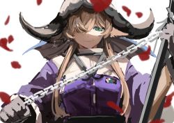 Rule 34 | 1girl, absurdres, animal ears, arknights, black gloves, breasts, brown hair, chain, cow ears, cow girl, cow horns, flail, gloves, green eyes, hair over one eye, highres, holding, holding weapon, horns, long hair, looking at viewer, one eye covered, pallas (arknights), petals, purple shirt, shirt, simple background, small breasts, smile, solo, south ac, upper body, weapon, white background