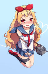Rule 34 | 1girl, azur lane, blonde hair, blouse, blue background, blush, cannon, covering privates, covering crotch, detached sleeves, full body, hair ribbon, highres, jenkins (azur lane), kneeling, long hair, looking at viewer, red eyes, ribbon, school uniform, shirt, simple background, solo, wavy mouth, white shirt, zetsuei (zetto)