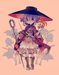 Rule 34 | 1girl, arlmuffin, bad id, bad pixiv id, boots, bowl, bowl hat, brown footwear, closed mouth, flower, food, fruit, full body, hair over eyes, hat, holding, holding food, holding fruit, holding needle, japanese clothes, kimono, looking at viewer, needle, needle sword, purple hair, smile, solo, standing, sukuna shinmyoumaru, touhou