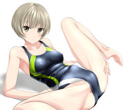 Rule 34 | 1girl, absurdres, akebi-chan no serafuku, barefoot, black one-piece swimsuit, breasts, collarbone, commentary request, competition swimsuit, grey eyes, highres, looking at viewer, medium breasts, minakami riri, one-piece swimsuit, short hair, silver hair, simple background, solo, spread legs, swimsuit, takafumi, white background