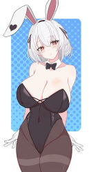 Rule 34 | 1girl, absurdres, alternate costume, animal ears, azur lane, bare shoulders, black bow, black bowtie, black leotard, black pantyhose, blush, border, bow, bowtie, breasts, brown eyes, cleavage, commentary, covered navel, cowboy shot, detached collar, fake animal ears, gloves, hair ribbon, head tilt, highleg, highleg leotard, highres, huge breasts, leotard, londom (lonhomewell), looking at viewer, pantyhose, rabbit ears, ribbon, short hair, sirius (azur lane), solo, standing, strapless, strapless leotard, thighband pantyhose, white border, white gloves, white hair