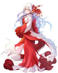 Rule 34 | 1girl, brown eyes, fins, fish, full body, goldfish, hand up, head fins, original, personification, red ribbon, ribbon, ringozaka mariko, smile, solo, standing, white background, white hair, wide sleeves
