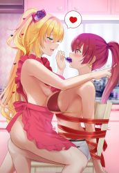 Rule 34 | 2girls, akai haato, apron, ass, bad food, bikini, blonde hair, blue eyes, blush, bound, breast press, breasts, censored, chair, commentary request, cooking, cupboard, earrings, feeding, food, force-feeding, hair ribbon, twirling hair, heart, heart earrings, highres, hololive, houshou marine, houshou marine (summer), jewelry, kitchen, long hair, mosaic censoring, multiple girls, naked apron, open mouth, ponytail, red eyes, red hair, ribbon, saliva, sideboob, sink, sndk1480, spoon, straddling, sweat, swimsuit, tearing up, thighs, tied up, virtual youtuber, yuri