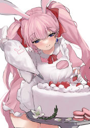 Rule 34 | 1girl, absurdres, animal ears, apron, blue eyes, cake, commentary request, commission, cowboy shot, dress, earrings, food, frilled dress, frills, fruit, gloves, highres, icing, jewelry, long hair, looking down, maria (syake-uni), original, pastry bag, pink dress, pink hair, rabbit ears, short dress, simple background, skeb commission, smile, solo, strawberry, twintails, white background, white gloves
