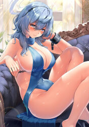 Rule 34 | 1girl, ako (blue archive), ako (dress) (blue archive), backless dress, backless outfit, bare legs, barefoot, blue archive, blue dress, blue eyes, blue hair, blush, breasts, cleavage, couch, cuffs, dress, evening gown, halo, highres, indoors, kawai (purplrpouni), knees up, large breasts, looking at viewer, official alternate costume, on couch, plunging neckline, shackles, sideboob, sideless dress, sitting, solo