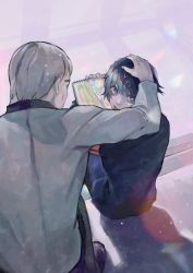 Rule 34 | 2boys, black eyes, black hair, black jacket, drawing, from behind, grey background, grey hair, hair ornament, hand on another&#039;s head, highres, holding, jacket, kyuuba melo, long sleeves, looking at another, looking back, multiple boys, short hair, sitting, smile, stitches, suzuya juuzou, tokyo ghoul, x hair ornament