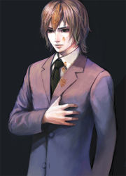 Rule 34 | 1boy, black background, black eyes, brown hair, expressionless, formal, hand on own chest, kishida mel, male focus, necktie, solo, suit