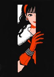 Rule 34 | 1girl, black eyes, black hair, covered face, earrings, gloves, hairband, highres, jewelry, limited palette, long hair, minillustration, original, red gloves, red hairband, shadow, smile, solo, upper body