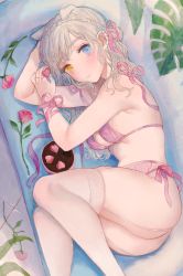 Rule 34 | 1girl, animal ears, arms up, bare shoulders, blue eyes, blush, bra, braid, breasts, closed mouth, couch, earrings, flower, garter straps, grey hair, hair ribbon, hand on own head, heterochromia, highres, holding head, jewelry, lingerie, looking at viewer, lying, medium breasts, miyako (xxxbibit), mole, mole on breast, on couch, on side, original, panties, pink bra, pink flower, pink panties, pink ribbon, pink rose, ribbon, rose, side-tie panties, skindentation, smile, solo, thighhighs, underwear, white thighhighs, yellow eyes