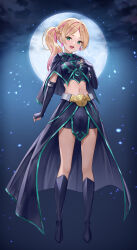 Rule 34 | 1girl, :d, absurdres, aqua eyes, belt, belt buckle, black capelet, black footwear, black gloves, blonde hair, boots, breasts, buckle, capelet, clenched hand, commentary, commission, earrings, elbow gloves, english commentary, fingerless gloves, full body, full moon, gloves, hand up, highres, jewelry, knee boots, kotobukiya bishoujo, lunacle, midriff, moon, multicolored hair, navel, night, open mouth, outdoors, pink hair, pixiv commission, small breasts, smile, standing, streaked hair