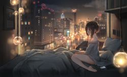 Rule 34 | 1girl, bare shoulders, barefoot, bed, black hair, blurry, brown eyes, building, car, catzz, city, cityscape, cloud, commentary request, crosswalk, grey shirt, highres, hotel room, indoors, light bulb, long sleeves, looking away, motor vehicle, naked shirt, night, off shoulder, on bed, original, pillow, road, shirt, short hair, sidelocks, sitting, skyscraper, solo, thighs, wide shot