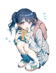 1girl backpack bag black_hair blazer eating fangs flower food fukumaru_koito full_body grey_jacket hair_flower hair_ornament highres idolmaster idolmaster_shiny_colors jacket long_hair long_sleeves looking_at_viewer neck_ribbon open_mouth pink_bag pleated_skirt purple_eyes qinglai_haiji ribbon school_uniform shoes skin_fangs skirt sneakers solo swept_bangs taiyaki twintails wagashi white_background