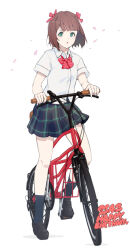 Rule 34 | 1girl, :o, bicycle, black footwear, black skirt, black socks, blunt bangs, bow, bowtie, brown hair, character request, collared shirt, copyright request, dated, full body, green eyes, happy birthday, highres, konekone, looking at viewer, parted lips, plaid, plaid skirt, red bow, red bowtie, riding, riding bicycle, school uniform, shirt, short hair, short sleeves, simple background, skirt, socks, solo, striped bow, striped bowtie, striped clothes, summer uniform, white background, white shirt