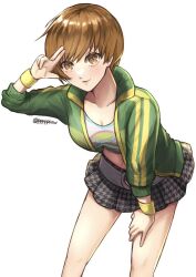 Rule 34 | 1girl, artist name, breasts, brown eyes, brown hair, cleavage, green jacket, hand on own leg, jacket, leaning forward, looking at viewer, midriff, navel, persona, persona 4, pleated skirt, pppppknw, salute, satonaka chie, school uniform, short hair, skirt, small breasts, smile, solo, two-finger salute, white background, yasogami school uniform