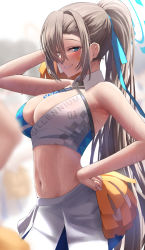 Rule 34 | 1girl, alternate hairstyle, armpits, asuna (blue archive), blue archive, blue eyes, blush, breasts, clothes writing, cosplay, detached collar, grin, hair over one eye, halo, hand on own hip, highres, large breasts, light brown hair, long hair, looking at viewer, midriff, millennium cheerleader outfit (blue archive), navel, outdoors, pleated skirt, pom pom (cheerleading), ponytail, silver bullet (ecc12 8), skirt, smile, solo, sweat, very long hair, white skirt
