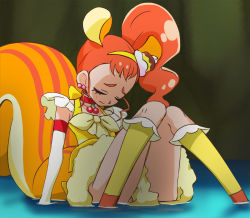 Rule 34 | 10s, 1girl, animal ears, arisugawa himari, blush, cherry, choker, closed mouth, cure custard, elbow gloves, closed eyes, food, food-themed hair ornament, fruit, gloves, hair ornament, hairband, haruyama kazunori, kirakira precure a la mode, magical girl, no panties, orange hair, partially submerged, precure, pussy, side ponytail, sitting, solo, squirrel ears, squirrel tail, tail, water, white gloves, yellow hairband