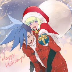 Rule 34 | 2boys, :d, alternate costume, black pants, capelet, carrying, christmas, closed eyes, fur-trimmed capelet, fur trim, galo thymos, gift, gift bag, green hair, happy, happy holidays, hat, highres, holding, holding gift, jacket, light blush, lio fotia, looking at viewer, male focus, multiple boys, open mouth, pants, piggyback, promare, purple eyes, red capelet, red jacket, santa costume, santa hat, short hair, sidelocks, smile, snowing, sweater, trap, turtleneck, turtleneck sweater, white sweater, xyz008