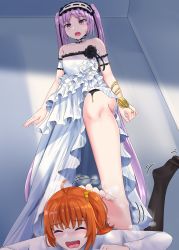 Rule 34 | 2girls, alternate height, bare shoulders, barefoot, closed eyes, dress, fate/grand order, fate/hollow ataraxia, fate (series), frilled hairband, frills, fujimaru ritsuka (female), giant, giantess, hairband, happy, headdress, highres, indoors, lolita hairband, long hair, massage, multiple girls, nuppunuppu, orange hair, purple eyes, purple hair, ribbon-trimmed hairband, side ponytail, smile, stheno (fate), toes, twintails, very long hair, white dress