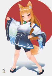 Rule 34 | 1girl, 3d, animal ears, bike shorts, black footwear, black shorts, blender (medium), blonde hair, blue hakama, brown eyes, closed mouth, commentary request, fox ears, fox girl, fox shadow puppet, fox tail, full body, hakama, hakama short skirt, hakama skirt, hand on own hip, highres, japanese clothes, kimono, kuro kosyou, long sleeves, looking at viewer, magatama, original, outstretched arm, sandals, short eyebrows, short shorts, shorts, shorts under skirt, skirt, sleeveless, sleeveless kimono, smile, solo, standing, tail, thick eyebrows, white kimono, wide sleeves, zouri