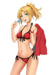 Rule 34 | 1girl, :d, aori sora, bangle, bikini, blonde hair, blush, bracelet, braid, breasts, collarbone, cowboy shot, fate/apocrypha, fate (series), food, gluteal fold, hair ornament, hair scrunchie, halterneck, head tilt, highres, holding, holding clothes, holding food, holding jacket, jacket, jewelry, looking at viewer, medium breasts, mordred (fate), mordred (fate/apocrypha), mordred (swimsuit rider) (first ascension) (fate), navel, open mouth, parted bangs, ponytail, popsicle, red bikini, red jacket, scrunchie, side-tie bikini bottom, simple background, smile, solo, string bikini, swimsuit, white background