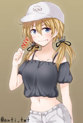 Rule 34 | 10s, 1girl, alternate costume, anchor hair ornament, anti (untea9), arm behind back, bare shoulders, baseball cap, blonde hair, blue eyes, blush, brown background, casual, corn dog, crop top, food, furrowed brow, hair ornament, hat, kantai collection, ketchup, looking at viewer, low twintails, midriff, navel, off shoulder, prinz eugen (kancolle), sausage, simple background, solo, twintails, twitter username, upper body, wavy mouth