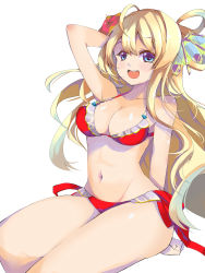 Rule 34 | :d, alternate costume, arm behind back, arm behind head, bare arms, bare shoulders, bikini, blaze (blazeillust), blonde hair, breasts, commentary request, goblin slayer!, hair between eyes, hair ornament, happy, highres, large breasts, long hair, looking at viewer, navel, open mouth, priestess (goblin slayer!), red bikini, simple background, sitting, smile, solo, swimsuit, teeth, upper teeth only, very long hair, white background