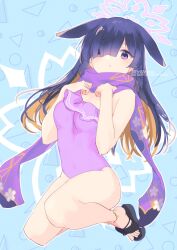 Rule 34 | 1girl, animal ears, black footwear, blue archive, blush, breasts, closed mouth, floral print, hair over one eye, halo, highres, kyuuri (miyako), long hair, looking at viewer, lop rabbit ears, medium breasts, multicolored hair, one-piece swimsuit, orange eyes, purple eyes, purple hair, purple one-piece swimsuit, purple scarf, rabbit ears, sandals, scarf, simple background, solo, strapless one-piece swimsuit, swimsuit, tsukuyo (blue archive), twitter username