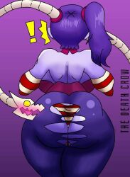 Rule 34 | 1girl, ass, backboob, blue hair, blue skin, breasts, butt crack, colored skin, large breasts, panties, skullgirls, squigly (skullgirls), striped clothes, striped panties, the death crow, torn clothes, underwear, zombie