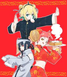 Rule 34 | 3girls, :q, alternate costume, alternate hairstyle, amano pikamee, baozi, bare shoulders, black hair, black ribbon, blonde hair, braid, bun cover, china dress, chinese clothes, closed mouth, detached sleeves, double bun, dress, fiery hair, fighting stance, floral print, food, food in mouth, green eyes, green hair, grey dress, hair bun, hair ribbon, hairband, highres, hikasa tomoshika, holding, jiangshi, jitomi monoe, kiko (kikobooom), long sleeves, midriff, mouth hold, multicolored hair, multiple girls, nail polish, navel, open mouth, red background, red eyes, red hair, ribbon, sleeves past wrists, smile, steam, tongue, tongue out, tray, two-tone hair, unmoving pattern, virtual youtuber, voms, wide sleeves, yellow eyes