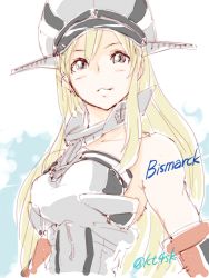 Rule 34 | 10s, 1girl, 4suke, bare shoulders, bismarck (kancolle), blonde hair, blue eyes, blush, breasts, character name, detached sleeves, female focus, hat, image sample, kantai collection, large breasts, long hair, military, military uniform, peaked cap, solo, twitter username, uniform