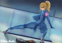 Rule 34 | 1girl, ass, blonde hair, blue eyes, bodysuit, breasts, cameltoe, duo kawa, covered erect nipples, gun, high heels, huge breasts, impossible clothes, legs, long hair, long legs, looking back, metroid, nintendo, ponytail, samus aran, skin tight, squatting, thick thighs, thigh strap, thighs, weapon, zero suit
