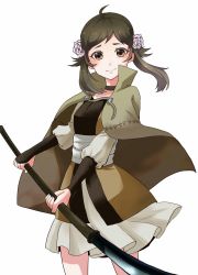 Rule 34 | 1girl, ahoge, brown eyes, brown hair, cape, fire emblem, fire emblem fates, flower, hair flower, hair ornament, highres, long hair, mozu (fire emblem), naginata, nintendo, polearm, simple background, solo, twintails, tyotto ko i, weapon, white background