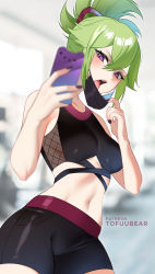 Rule 34 | 1girl, adapted costume, bare shoulders, bike shorts, black nails, blurry, blurry background, breasts, cellphone, crop top, genshin impact, green hair, highres, holding, holding phone, kuki shinobu, mask, mask pull, medium breasts, midriff, mouth mask, nail polish, navel, open mouth, patreon username, phone, pulling own clothes, purple eyes, selfie, short ponytail, smartphone, solo, sports bra, stomach, tofuubear