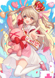 Rule 34 | + +, 1girl, :d, absurdres, apron, balloon, bow, buttons, collared dress, crown, dot nose, dress, fang, foreshortening, hair ornament, heart, highres, holding, holding stuffed toy, leg up, light brown hair, long hair, looking at viewer, mini crown, nail polish, natori sana, open mouth, outstretched arm, pink apron, pink footwear, pink nails, pocket, rabbit hair ornament, red bow, red eyes, sana channel, sandals, sash, smile, solo, stuffed animal, stuffed rabbit, stuffed toy, thighhighs, translated, two side up, v, virtual youtuber, white dress, white thighhighs, x, zumi tiri