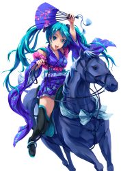 Rule 34 | 1girl, aqua eyes, aqua hair, arm up, bad id, bad pixiv id, boots, folding fan, hand fan, hatsune miku, horse, horseback riding, japanese clothes, kimono, kimono skirt, long hair, open mouth, pixco, riding, simple background, solo, thigh boots, thighhighs, twintails, very long hair, vocaloid, white background