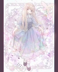 Rule 34 | 1girl, blonde hair, blue dress, blue eyes, blue sash, blunt bangs, border, bug, butterfly, card, closed mouth, dress, floral background, flower, framed, frilled dress, frills, full body, hair over shoulder, head tilt, highres, insect, komorihikki, lips, long hair, long sleeves, looking at viewer, original, ornate border, pale color, pastel colors, petticoat, pillarboxed, playing card, purple flower, purple footwear, purple rose, rose, sash, skirt hold, sleeves past elbows, socks, solo, white background, white flower, white rose, white socks
