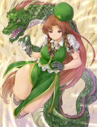 Rule 34 | 1girl, alternate eye color, beret, black bow, bow, braid, chinese clothes, clenched hand, commentary request, dragon, eastern dragon, gloves, green beret, green hat, hair bow, hair ribbon, hat, highres, hong meiling, horns, long hair, looking at viewer, neck ribbon, netamaru, no panties, pelvic curtain, puffy short sleeves, puffy sleeves, red eyes, ribbon, shoes, short sleeves, smile, star (symbol), touhou, tress ribbon, twin braids, unworn hat, unworn headwear, very long hair, wing collar