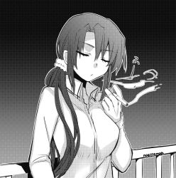 Rule 34 | 10s, 1girl, alternate hairstyle, artist name, bad id, bad twitter id, blouse, cigarette, closed eyes, greyscale, hiiragi (jhug8877), kantai collection, leaning back, long hair, monochrome, nachi (kancolle), railing, screentones, scrunchie, shirt, side ponytail, smoking, solo