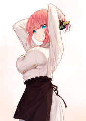Rule 34 | 1girl, apron, arms behind head, arms up, bison cangshu, black apron, blue eyes, breasts, buttons, closed mouth, commentary request, double-breasted, frills, go-toubun no hanayome, gradient background, hair ornament, highres, large breasts, long hair, long sleeves, looking at viewer, nakano nino, pink hair, shirt, solo, standing, waist apron, white background, white shirt