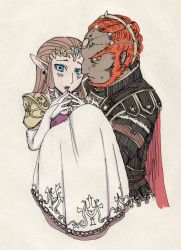 Rule 34 | 1boy, 1girl, armor, blue eyes, brown hair, cape, carrying, earrings, ganondorf, gloves, goma tonbi, jewelry, long hair, looking at viewer, nintendo, open mouth, pointy ears, princess carry, princess zelda, red eyes, red hair, steepled fingers, the legend of zelda, the legend of zelda: twilight princess, tiara