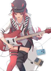 Rule 34 | 1girl, absurdres, arknights, asymmetrical legwear, black hat, black skirt, black thighhighs, cabbie hat, collarbone, collared shirt, electric guitar, feet out of frame, guitar, hat, highres, holding, holding instrument, horns, instrument, jacket, long hair, long sleeves, miniskirt, mismatched legwear, necktie, open mouth, plectrum, pointy ears, red eyes, red hair, red necktie, red thighhighs, shirt, sidelocks, sitting, skirt, smile, solo, stool, thigh strap, thighhighs, tokorinowa, vigna (arknights), white background, white shirt