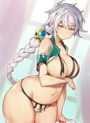 Rule 34 | 1girl, asymmetrical hair, bad id, bad twitter id, between breasts, bra, braid, breasts, clothing cutout, cowboy shot, cupless bra, female focus, hair between eyes, indoors, jitome, kantai collection, large breasts, long hair, looking at viewer, navel, pokoten (pokoten718), shoulder cutout, silver hair, single braid, skindentation, solo, standing, thighs, torn clothes, underwear, unryuu (kancolle), very long hair, wavy hair, wide hips, yellow eyes
