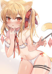 Rule 34 | 1girl, :o, animal ear fluff, animal ears, backlighting, blush, breasts, cat ears, cat tail, cowboy shot, crystal, flandre scarlet, hair between eyes, hair ribbon, hand to own mouth, hand up, highres, kemonomimi mode, leaning forward, maruro, medium hair, navel, no headwear, one side up, parted lips, red eyes, red ribbon, ribbon, simple background, small breasts, solo, sparkle, strap slip, tail, thighs, touhou, white background, wings, ||/