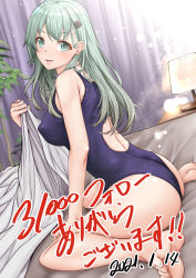 Rule 34 | 1girl, aga marino, ass, barefoot, bed, bed sheet, black one-piece swimsuit, commentary request, competition swimsuit, covered erect nipples, curtains, dated, dutch angle, green eyes, green hair, hair ornament, hairclip, highres, kantai collection, lamp, long hair, milestone celebration, one-piece swimsuit, plant, sitting, solo, suzuya (kancolle), swimsuit, wariza