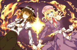 Rule 34 | 2girls, bad id, bad pixiv id, closed eyes, female focus, fire, ghostly field club, hat, lying, maribel hearn, multiple girls, necktie, outstretched arm, outstretched hand, reaching, shiina aya, sleeping, touhou, usami renko