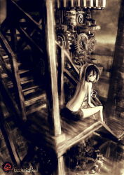 Rule 34 | 1girl, back, black hair, breasts, drink, from behind, gears, highres, juice box, light smile, looking back, machine, no shirt, original, robce lee, sepia, short hair, shorts, sideboob, sitting, small breasts, solo, stairs, topless
